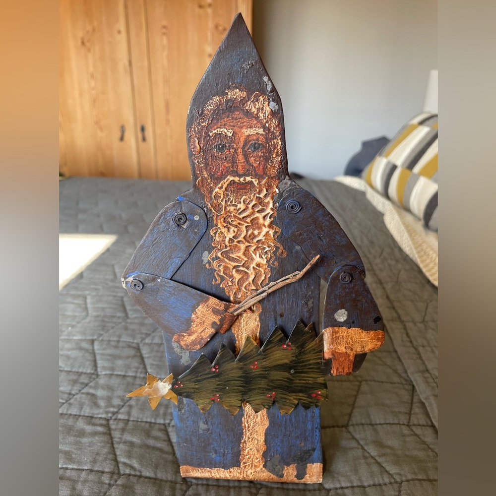VINTAGE handmade Santa, St. Nick, Christmas decor 11" folk art, painted tin